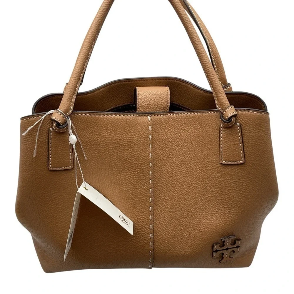 Tory Burch Tan Pebbled Leather Tote with Logo